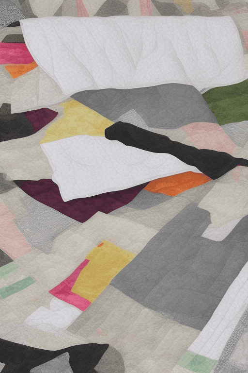 AI generated: Illustrate a grayscale tranquil setting where a quilt is being made, with a table surrounded by fabr...