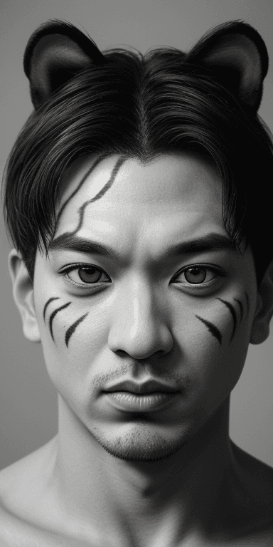 AI generated: half man half tiger faced ,  without  ears, symmetrical eyes, (aegyo sal:1) , (eyelashes:1.1) , (pho...