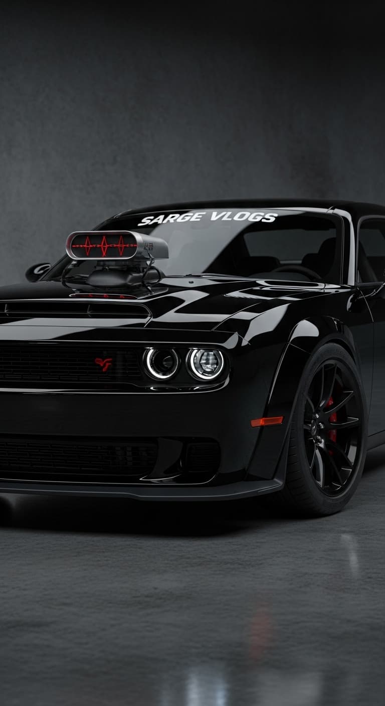 AI generated: 2024 wide body hellcat, super charger full blower, 'Sarge Vlogs' across the windshield. Flawless bla...
