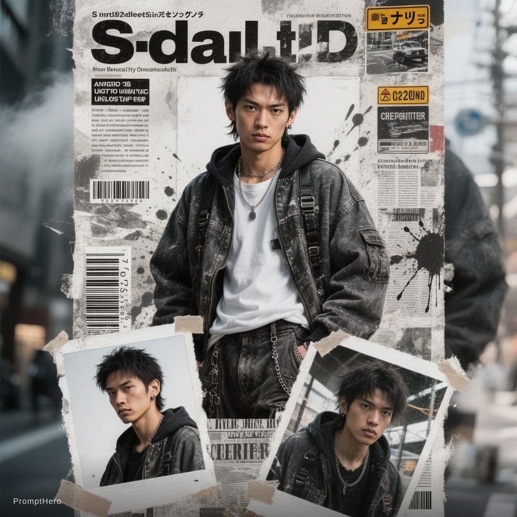 AI generated: Buat poster kolase editorial streetwear Jepang bergaya Y2K yang bold dengan estetika majalah fashion...