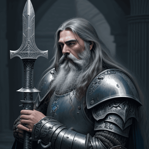 AI generated: dark fantasy illustration, long hair and beard, wrinkly, old knight in silver armor with a two hande...