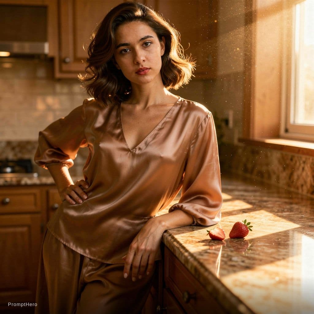 AI generated: A confident woman leans against a sun-warmed kitchen counter, her loose silk blouse casually unbutto...