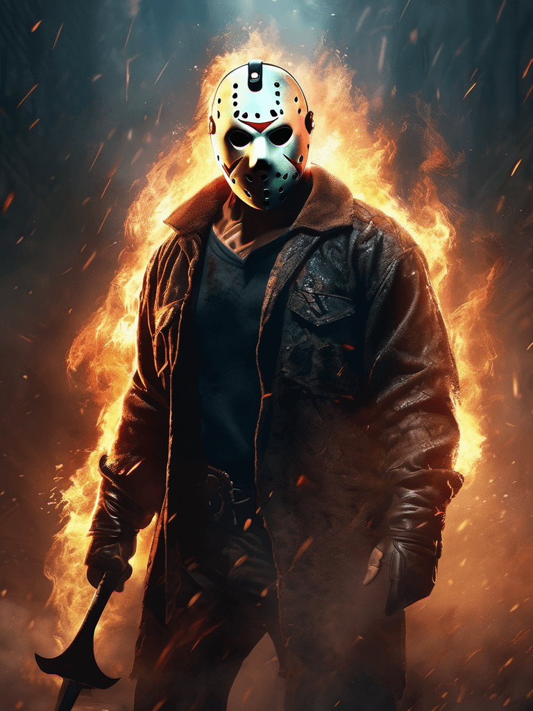 AI generated: a digital illustration of demonic Jason Voorhees, risen from the ashes, centered, epic scene, epic c...