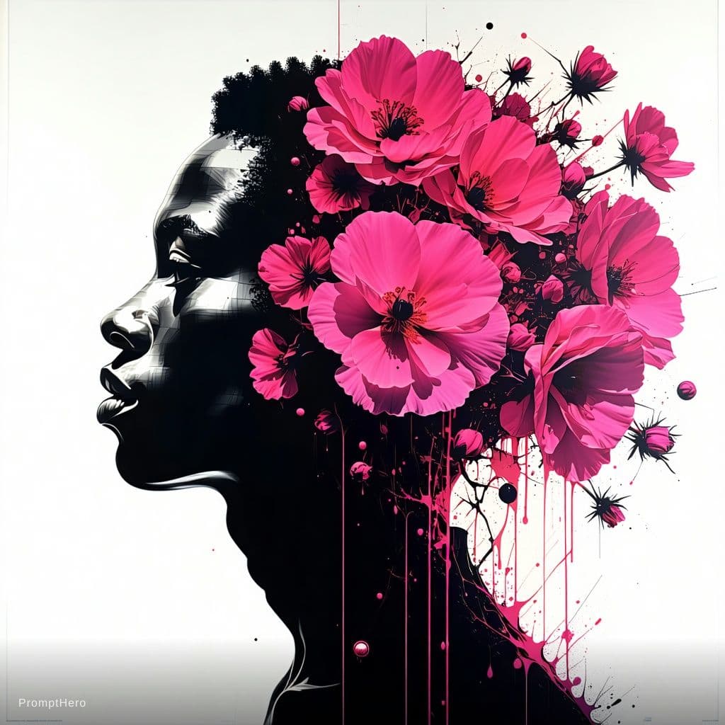 AI generated: Single queer figure, head completely replaced by aggressive exploding flowers. Doubled silhouette be...