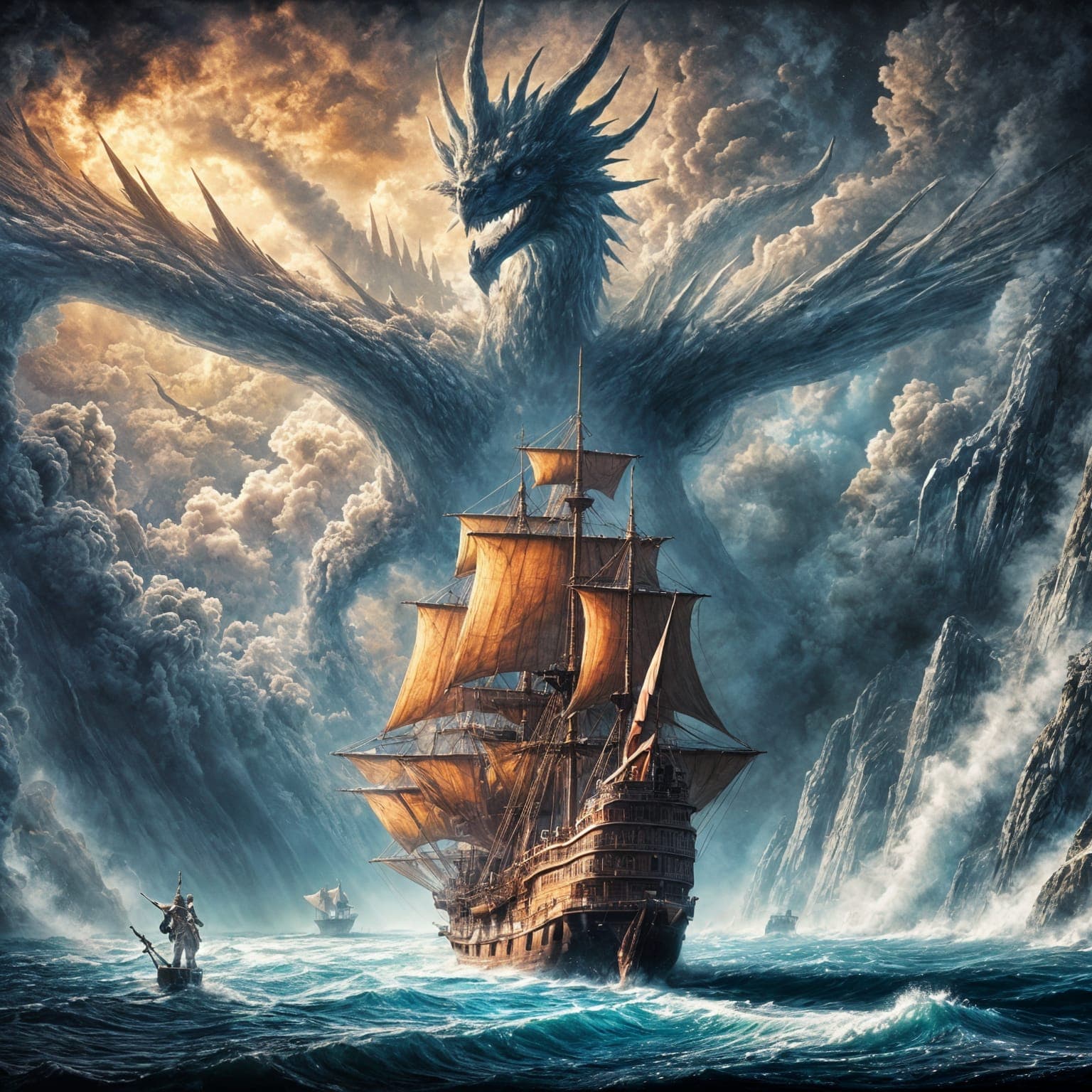 AI generated: A magnificent 18th-century galleon sailing through a stormy ocean, its majestic sails billowing in t...