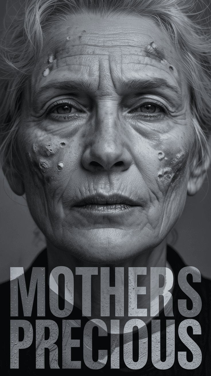 AI generated: Magazine cover of Mothers Day theme of Monochrome ultrarealistic of an old woman with cratered moon ...