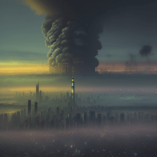 AI generated: city of pollution in the sky, with acid rain in the city, realistic
