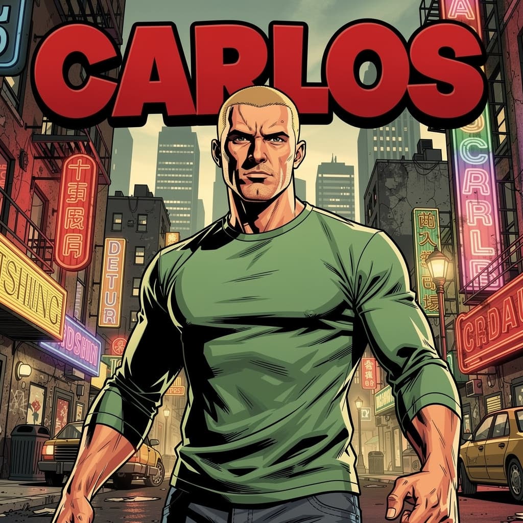 AI generated: Cartoon illustration, comic book cover featuring a handsome blond Russian man, short buzz cut hairst...