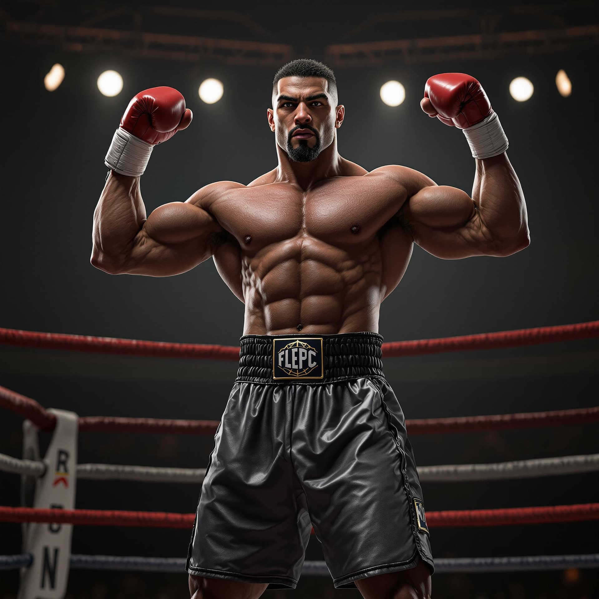 AI generated:  powerful boxer stands in the ring and flexes his biceps, hyper realism, high detail, octane render,...