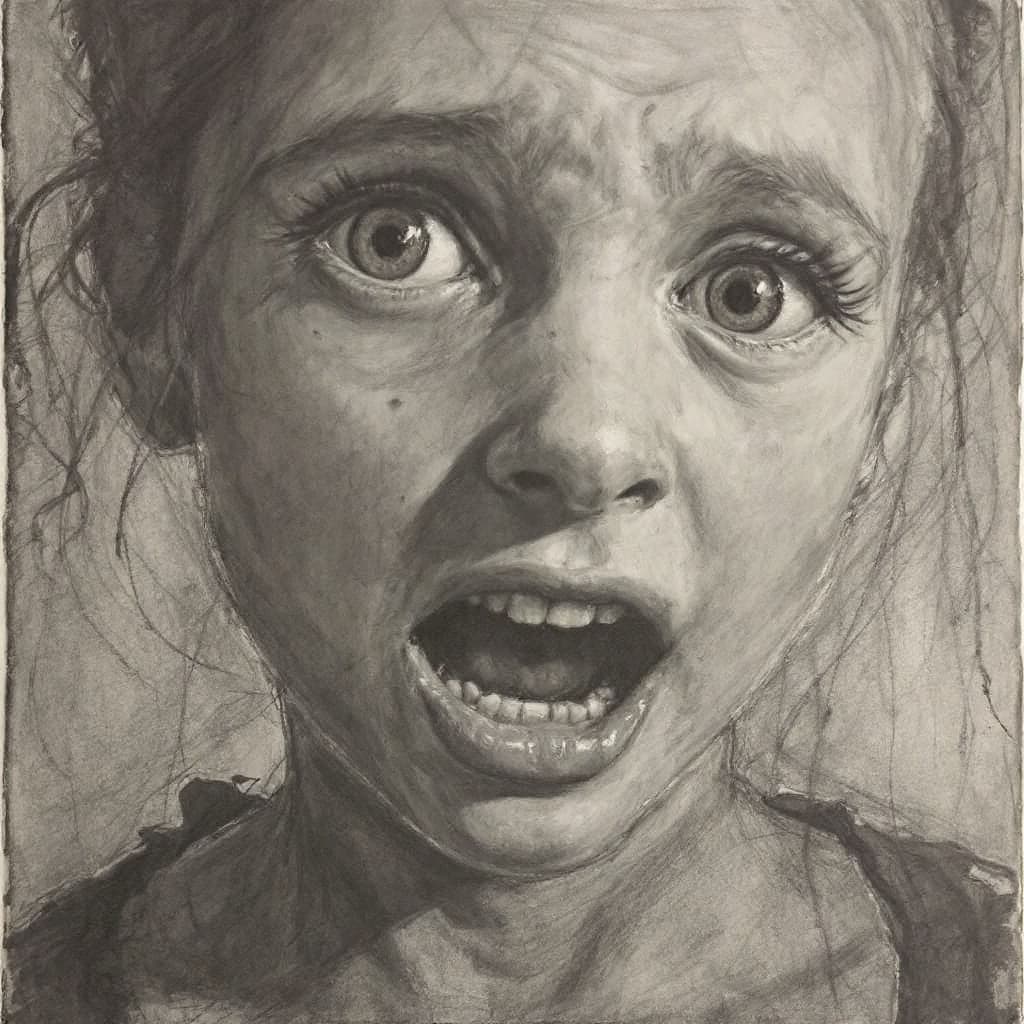 AI generated: Girl, charcoal sketch, scared