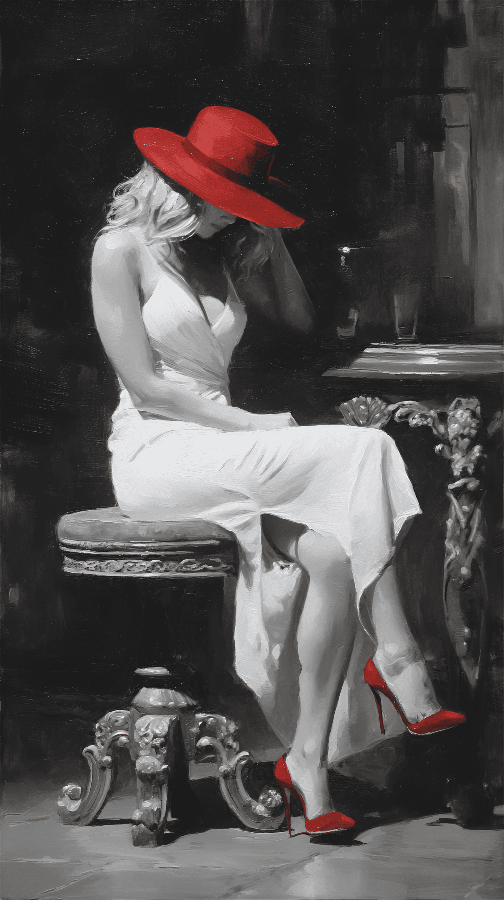 AI generated: grayscale painting of an elegant woman in a stark, high-contrast composition, the focus on her postu...