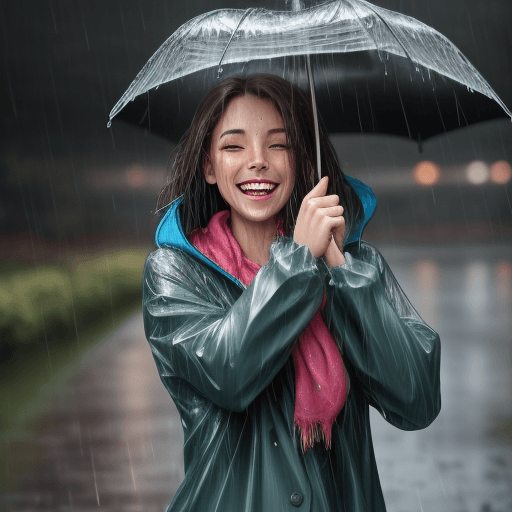 AI generated: laughing and smiling, raining, wet clothes , woman
