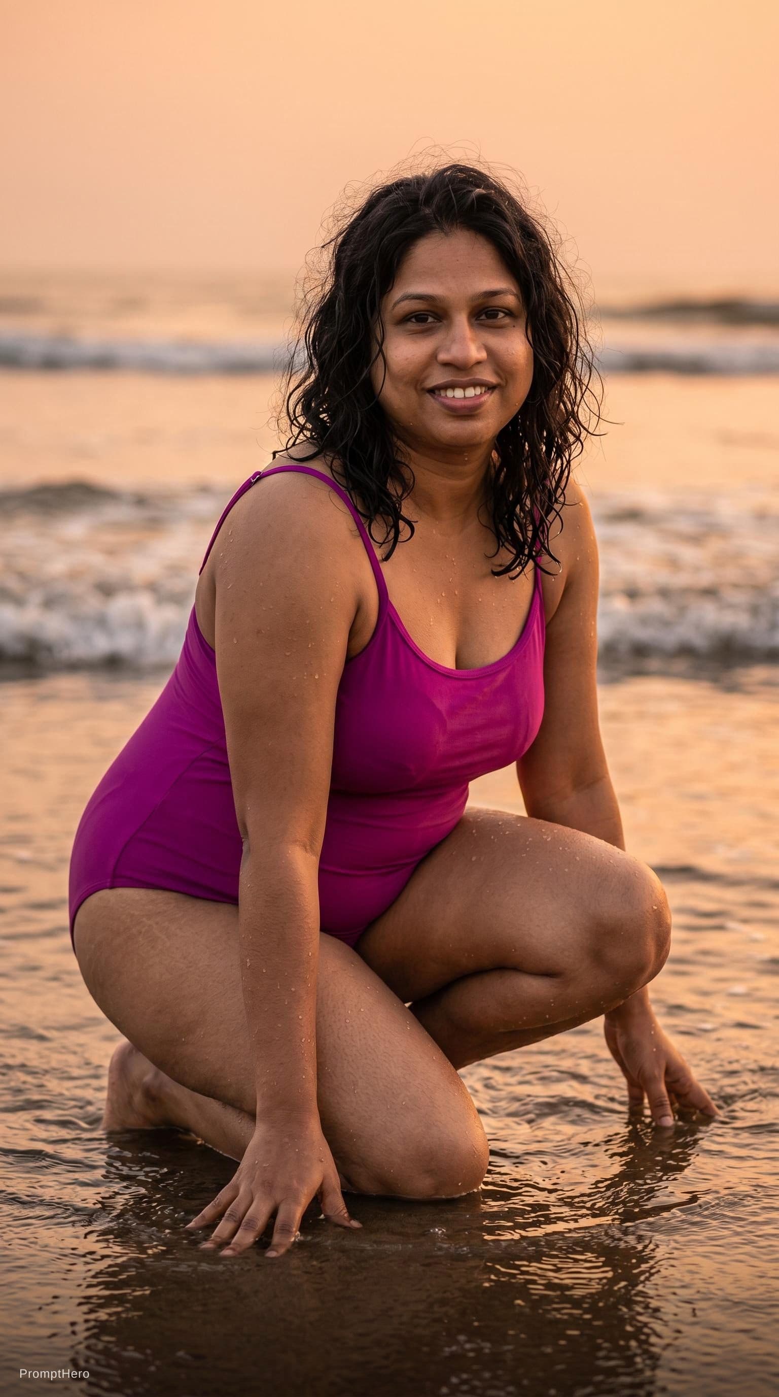 AI generated: A cinematic, photorealistic full-body portrait of a woman kneeling in shallow ocean water at golden ...