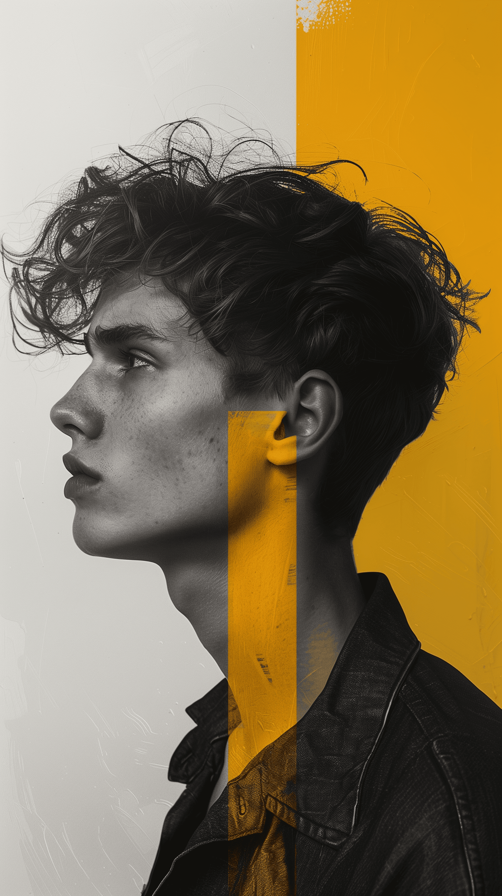 AI generated: abstract portrait of a young man, side profile against white background bisected by a bold yellow ge...