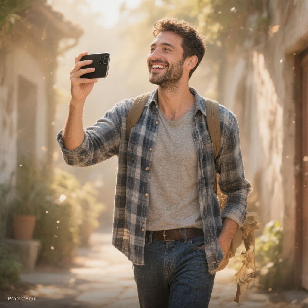 AI generated: Man walking up happy with his phone alarm Ai