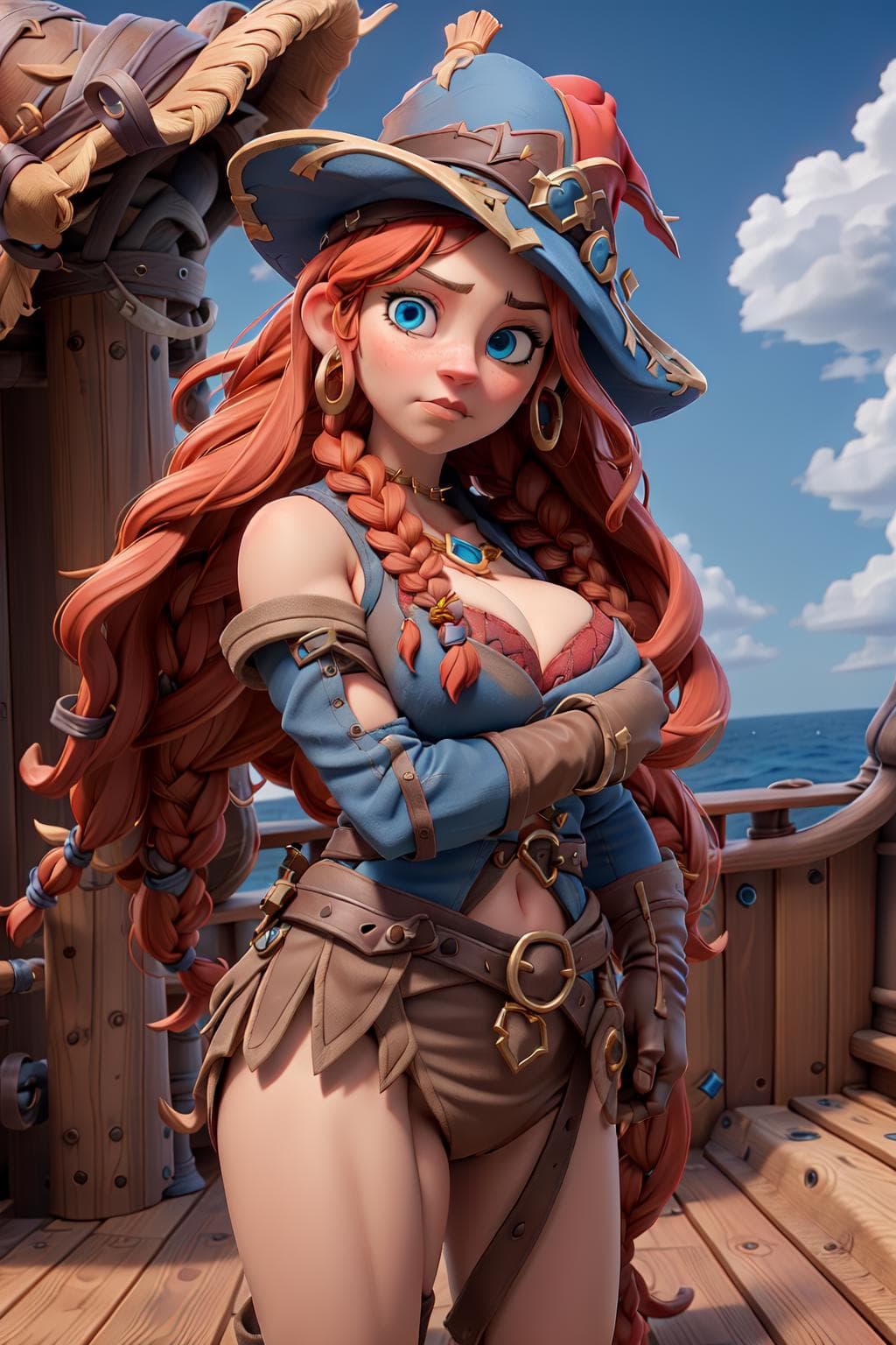 AI generated: masterpiece, best quality,realistic, 1girl,on a ship deck, blue_eyes, braid, breasts, cleavage, glov...