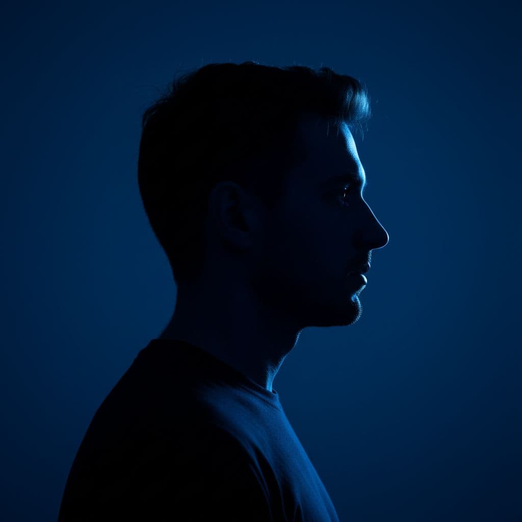 AI generated: photography, front, gaze, portrait, contrast, profile silhouette of a man against a vibrant deep blu...