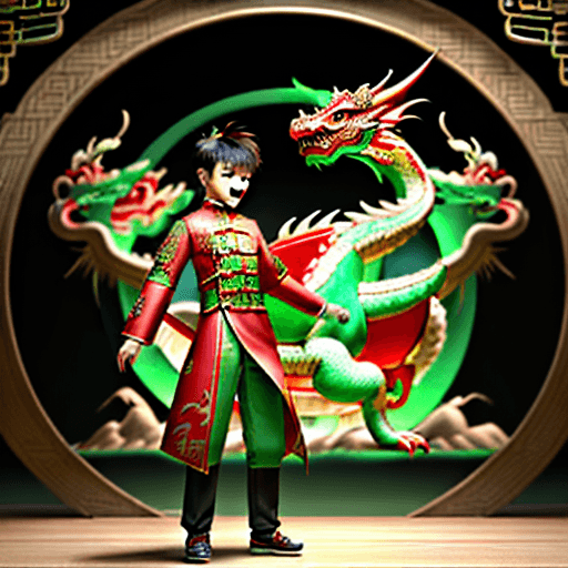 AI generated: a chinese boy is standing in front of a lunar new year dragon, in the style of digital painting, int...