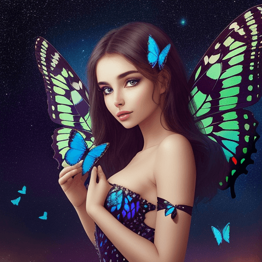 AI generated: beautiful woman with butterfly wings in a fantastic place with a background of stars, she is attract...