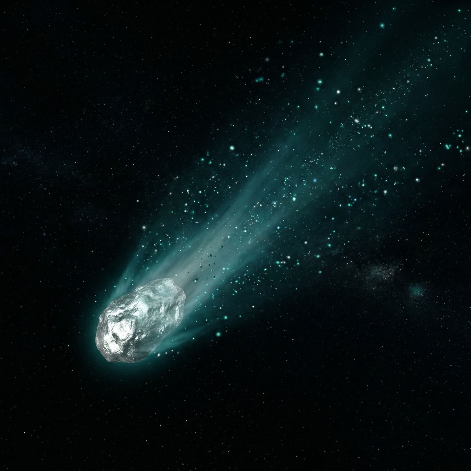 AI generated: a comet made up of Platinum with a long Teal tail with teal and silver sparkles sprinkling off of it...