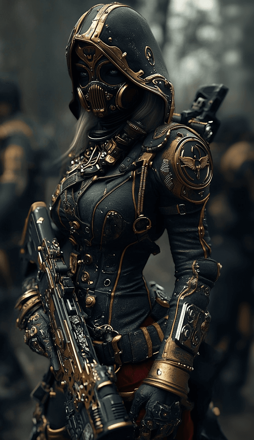 AI generated: Full-body shot of an elegant and futuristic woman in black with gold elements, wearing gear from the...