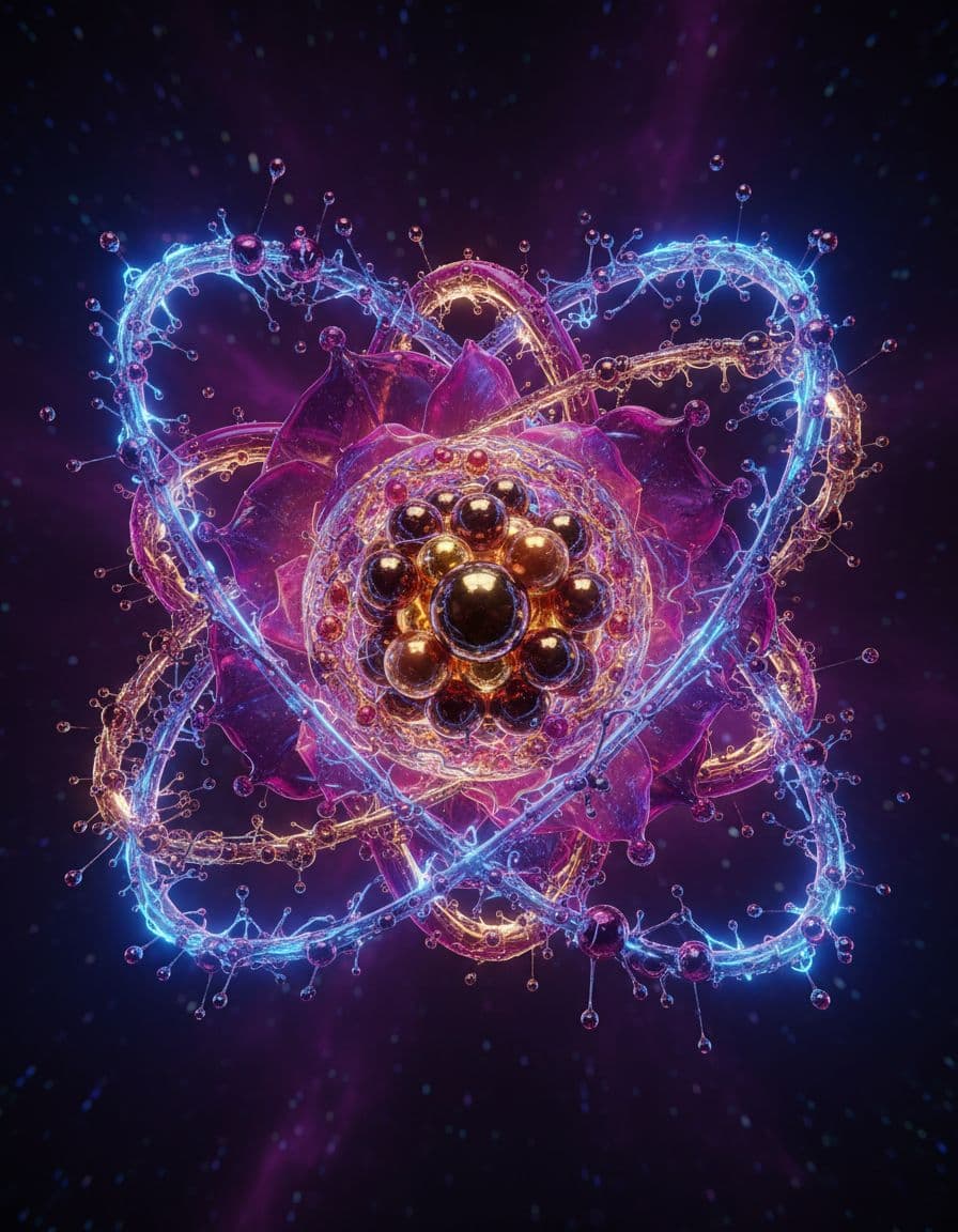 AI generated: An atom consisting of a nucleus of protons and neutrons and a cloud of electrons, futuristic, dramat...