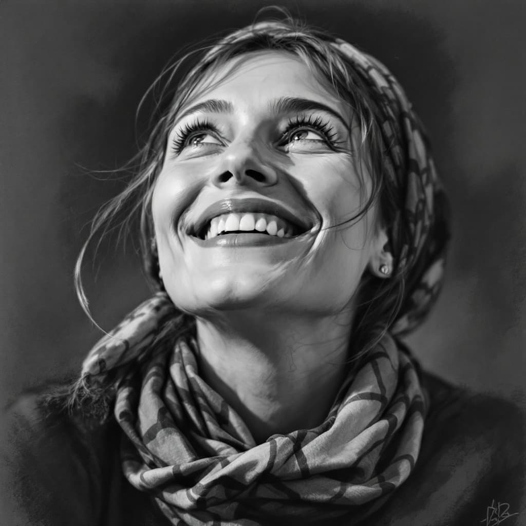 AI generated: Attractive woman, 30s, charcoal sketch, expressive, looking slightly up, wearing a little scarf on h...