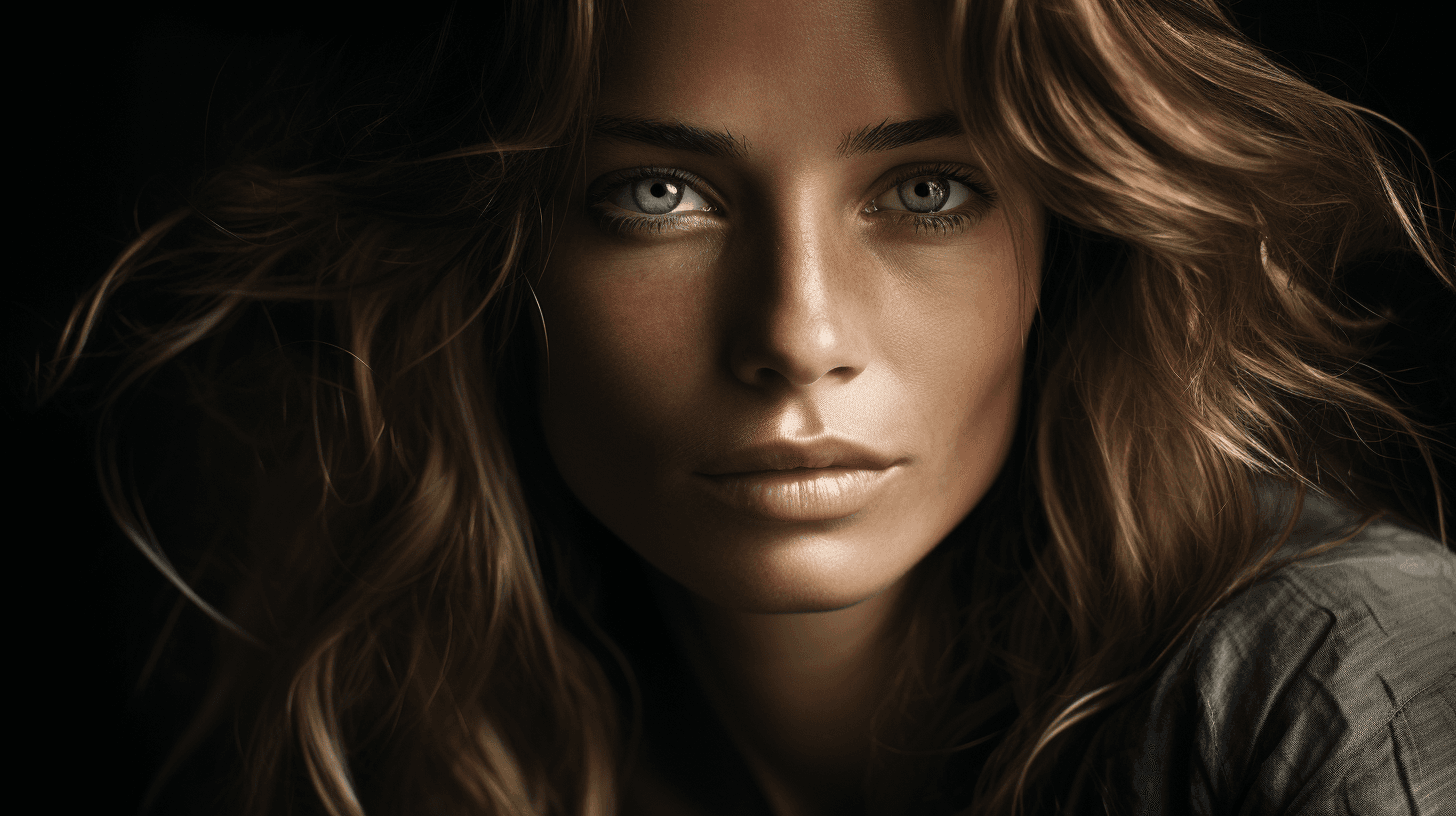 AI generated: A soul-stirring close-up portrait of a woman, her grace enhanced by the soft gradient of natural lig...