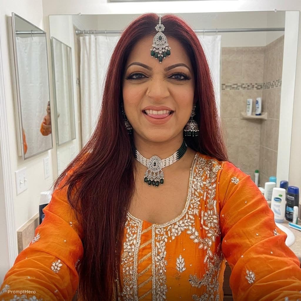 AI generated: frontal selfie taking a lower angle selfie goofy style for boyfriend in bathroom, manitain same face...