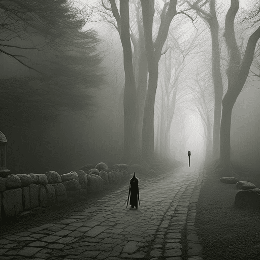 AI generated: The photo shows a figure in dark armor and hood holding a sword and walking through an ancient stone...