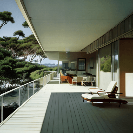 AI generated: Hyper realistic eye level exterior photo of a mid century modern style house overlooking the ocean, ...