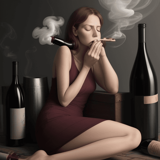 AI generated: beatiful and very tired woman looking pile smoking a winebottle