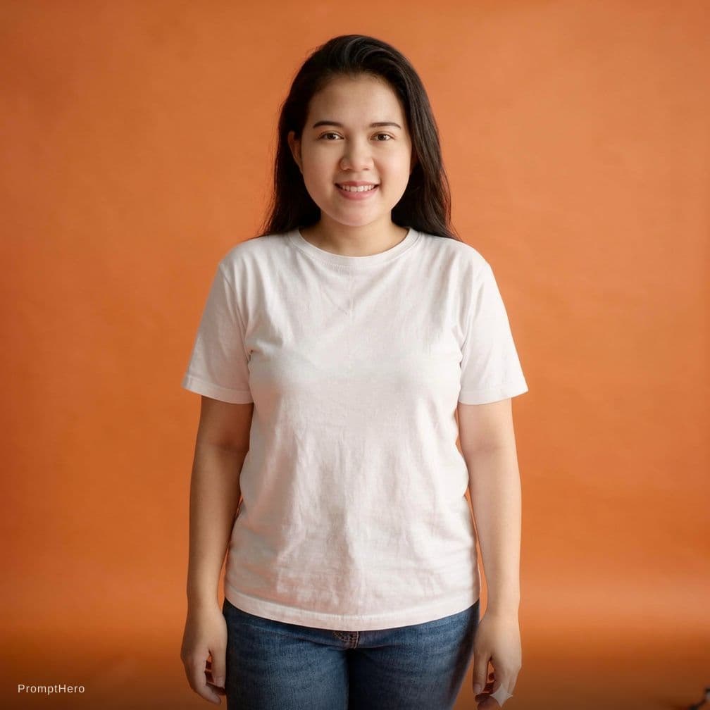 AI generated: photography, orange hue, korean woman model, solid orange backdrop, using a camera setup that mimics...