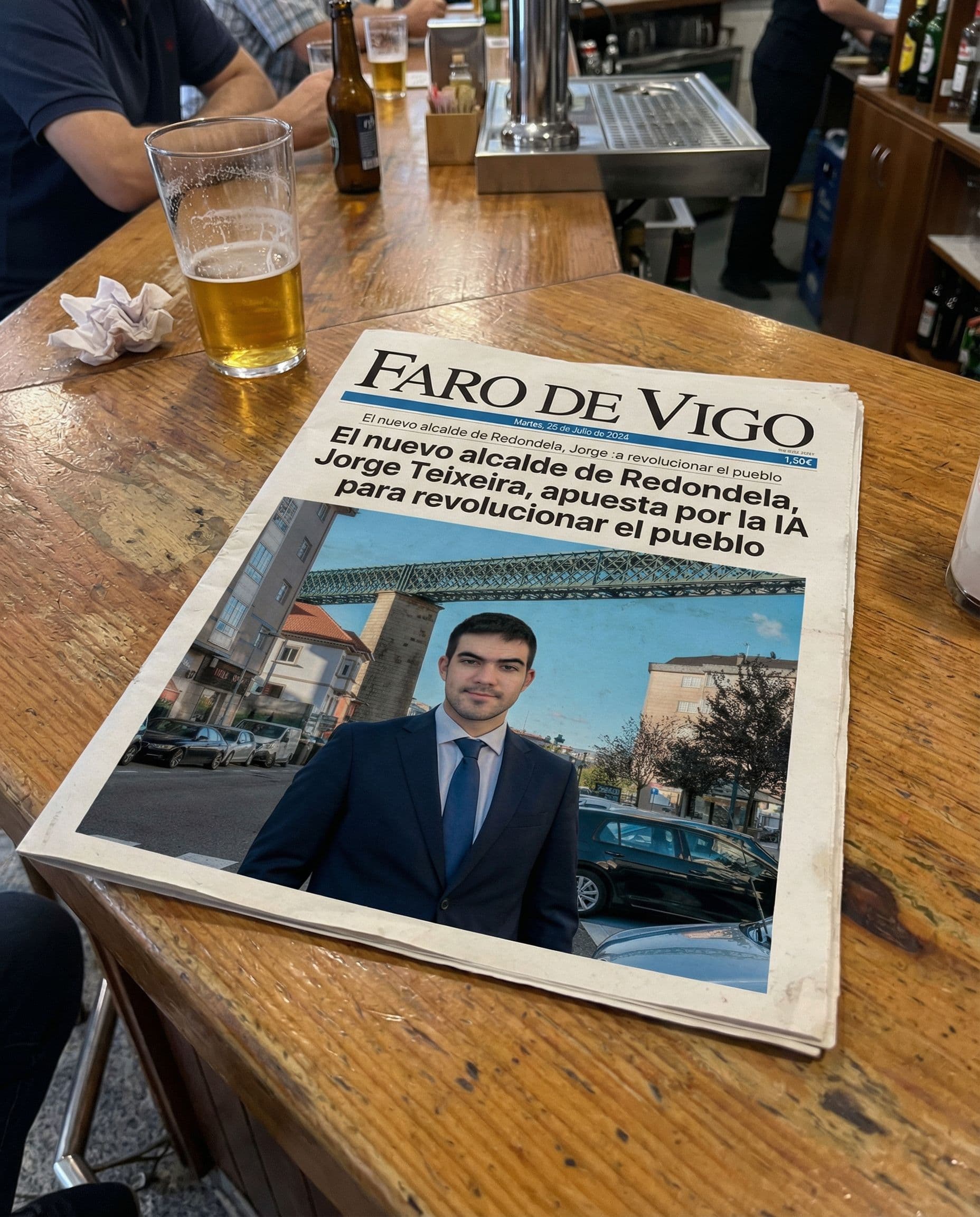 AI generated: Create a realistic photo of a Faro de Vigo newspaper lying on a bar counter or wooden table in a cas...