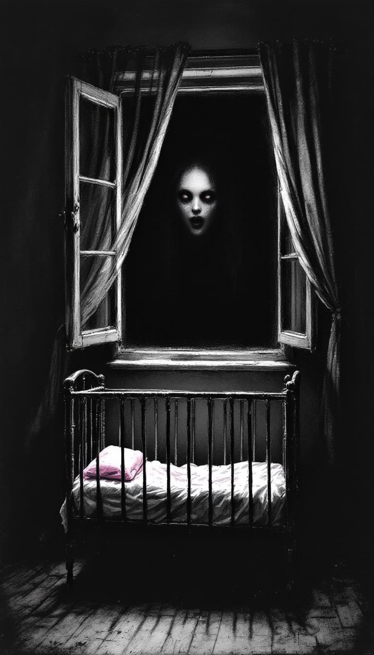 AI generated: creepy black ink drawing of a Terrifying small crib under an open dark bedroom window with a ghostly...