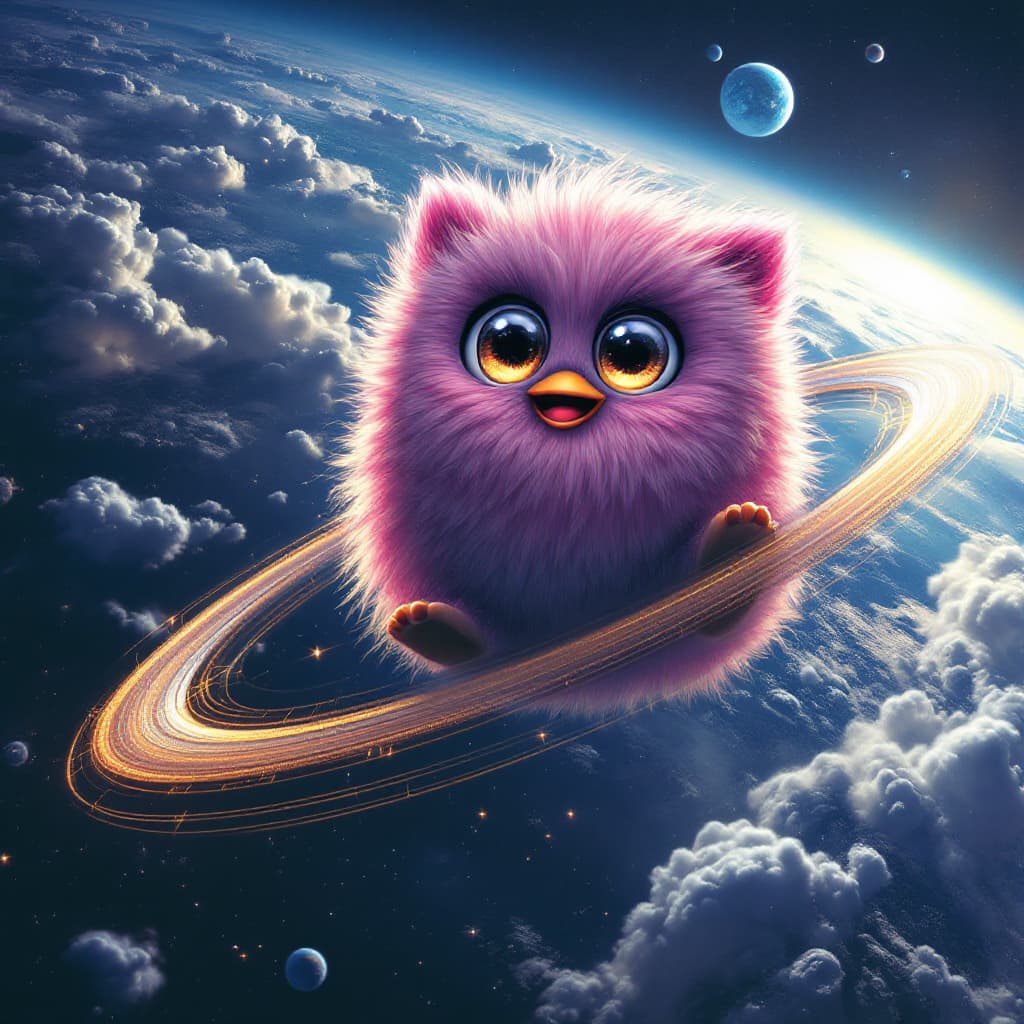 AI generated: Furby orbiting earth.