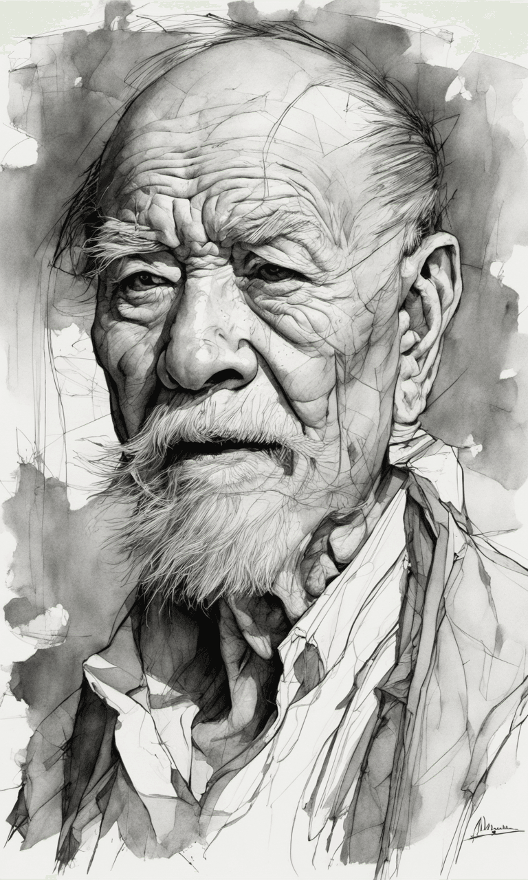 AI generated: portrait of old man, pen and ink, intricate line drawings, by craig mullins, ruan jia, kentaro miura...