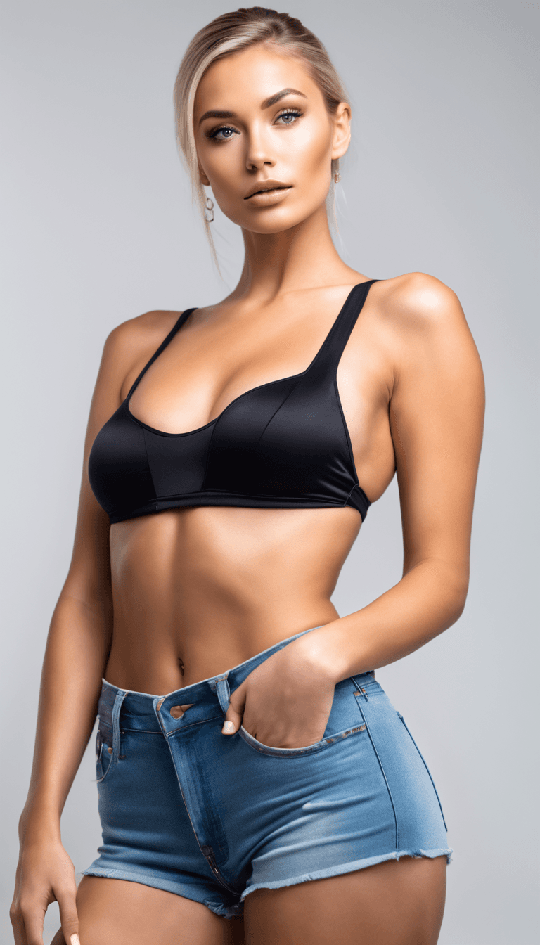 AI generated: The image features a woman wearing a black bikini top and jeans, posing in a sexy and provocative ma...