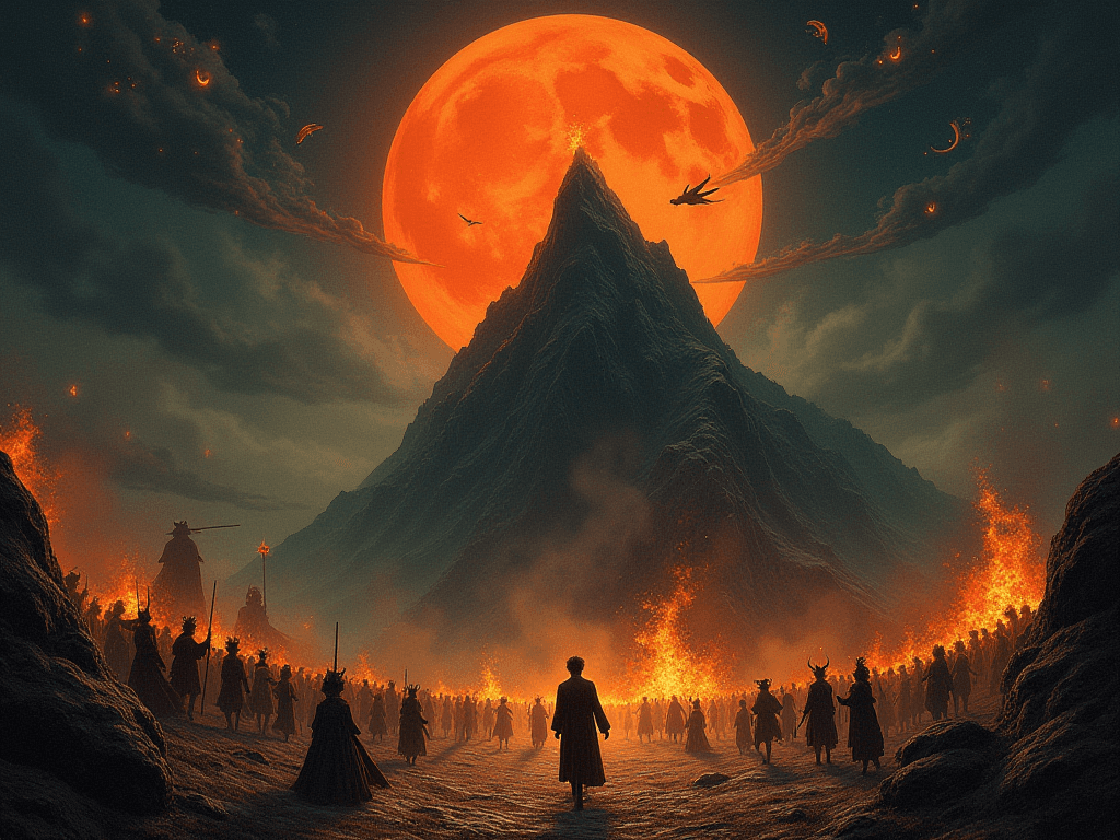 AI generated: Under a blood-orange moon, a vast mountain peak thrums with firelight and shadow. Strange figures da...