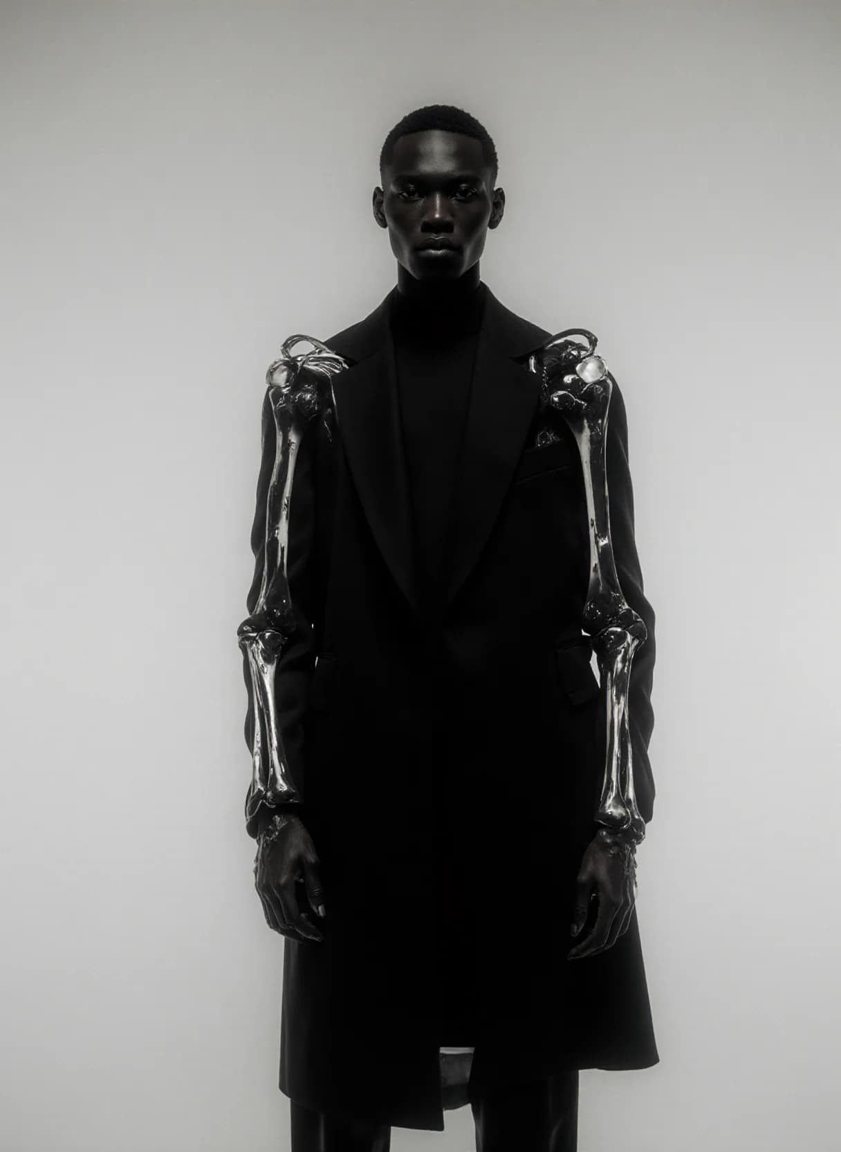 AI generated: A striking and surreal image features a person standing against a stark white background, dressed in...