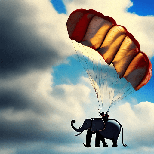 AI generated: Elephant with parachute falling through sunny clouds