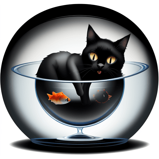 AI generated: vector image with a transparent background. black cat with head stuck in a small empty fishbowl stru...