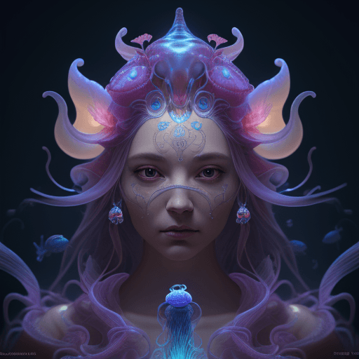 AI generated: Goddess close-up portrait ribcagel. jellyfish phoenix head, nautilus, orchid, skull, betta fish, bio...