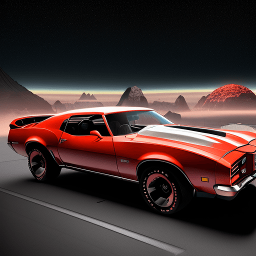 AI generated: a sci fi image,retro scifi,50th style a diner on a asteroid,flying 1973 Chevrolet Camaro Type LT in ...