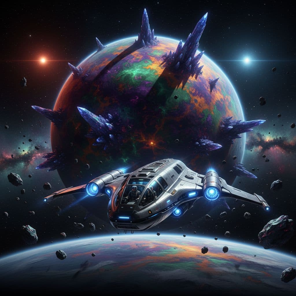 AI generated: futurestic spaceship in space towards strange alien planet