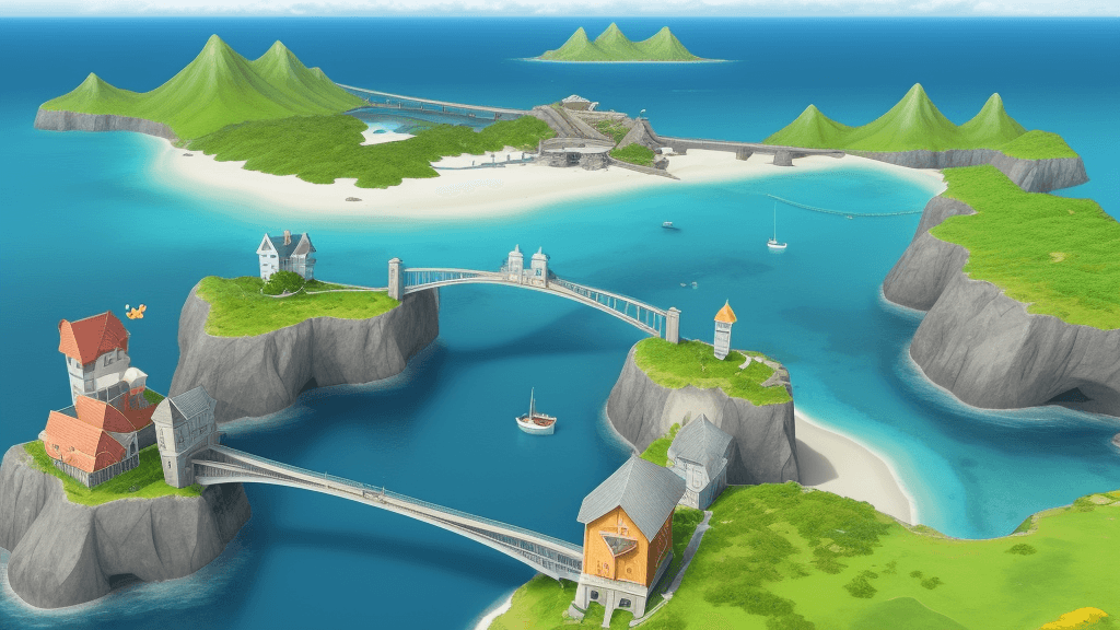 AI generated: image of an island with bridges to the mainland, cartoon-like, happy, sunny