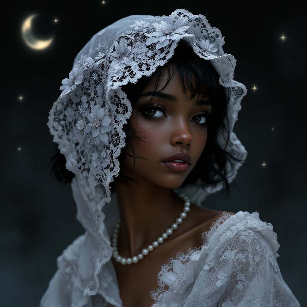 AI generated: Anime style. Nighttime, (1920s, Art Nouveau). A portrayal of a youthful lady embodying grace, innoce...