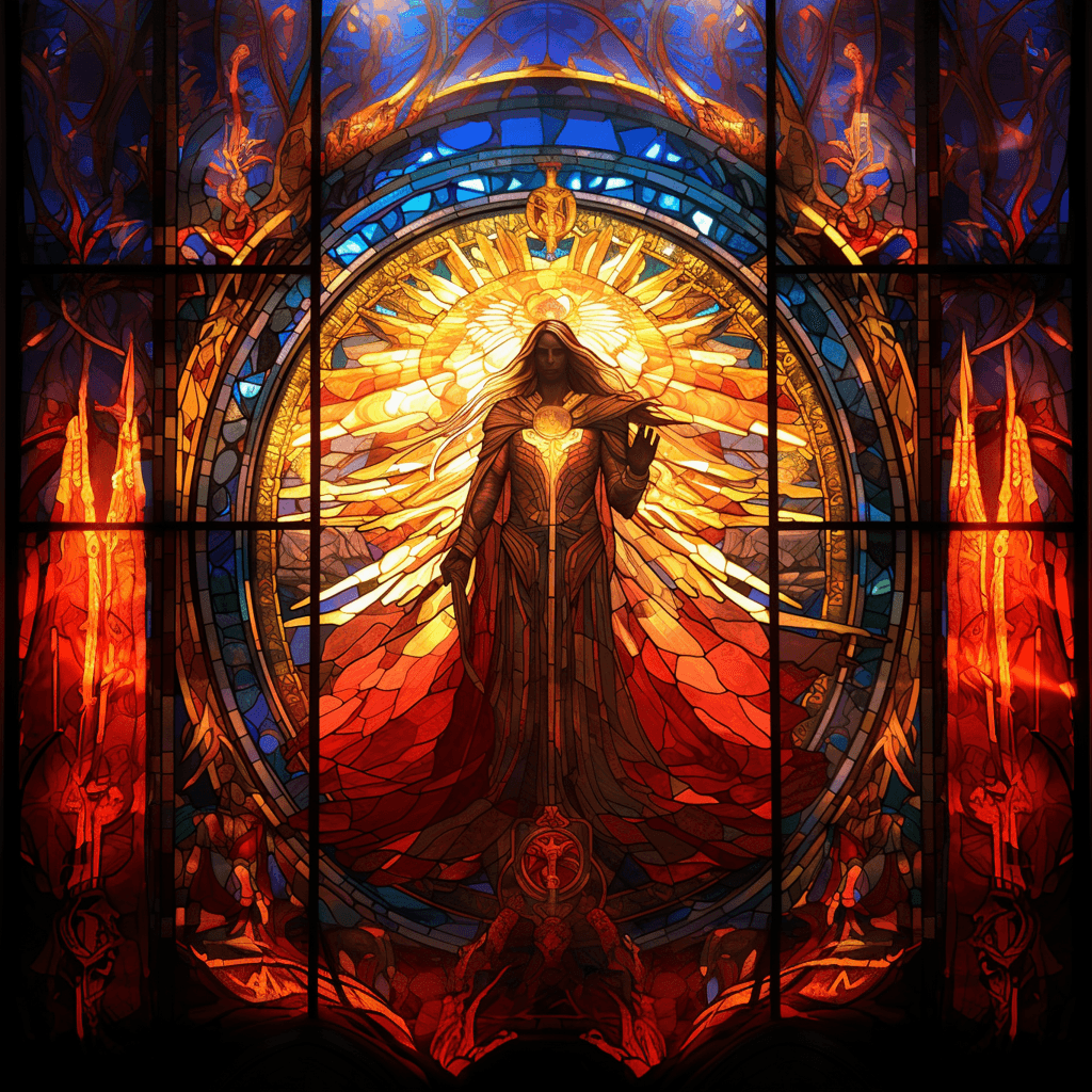 AI generated: A stained glass window depicting a majestic diablo4 warrior| Sunlight streaming through the colorful...