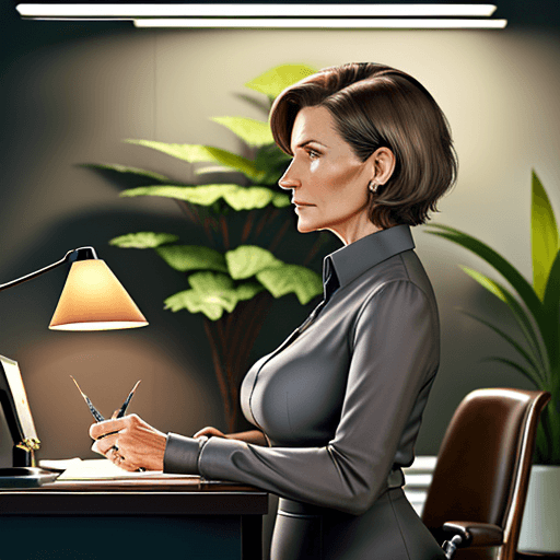 AI generated: hyper realistic photo, elegant 45-year-old woman working in her personal office, in profile, very sh...