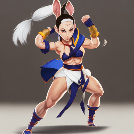 AI generated: A Rabbit Monk in a fighting stance similar to Chun-Li's from Street fighter. Her ears are tied into ...